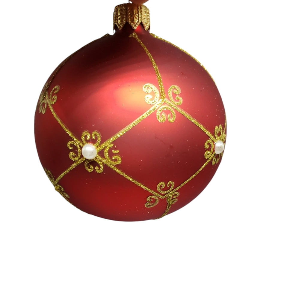 Vitbis Red With Gold Glittery Lattice Pearl Glass Christmas Ornaments 3โ Set 4 - Picture 6 of 9